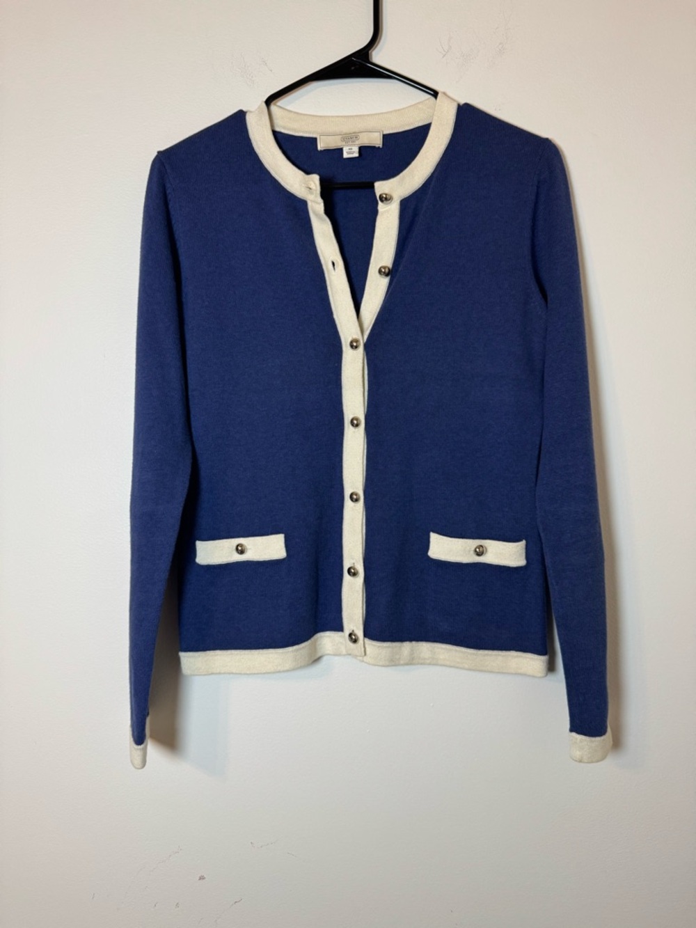 Coach Cashmere Blend Cardigan Blue Cream Button Front XS Preppy